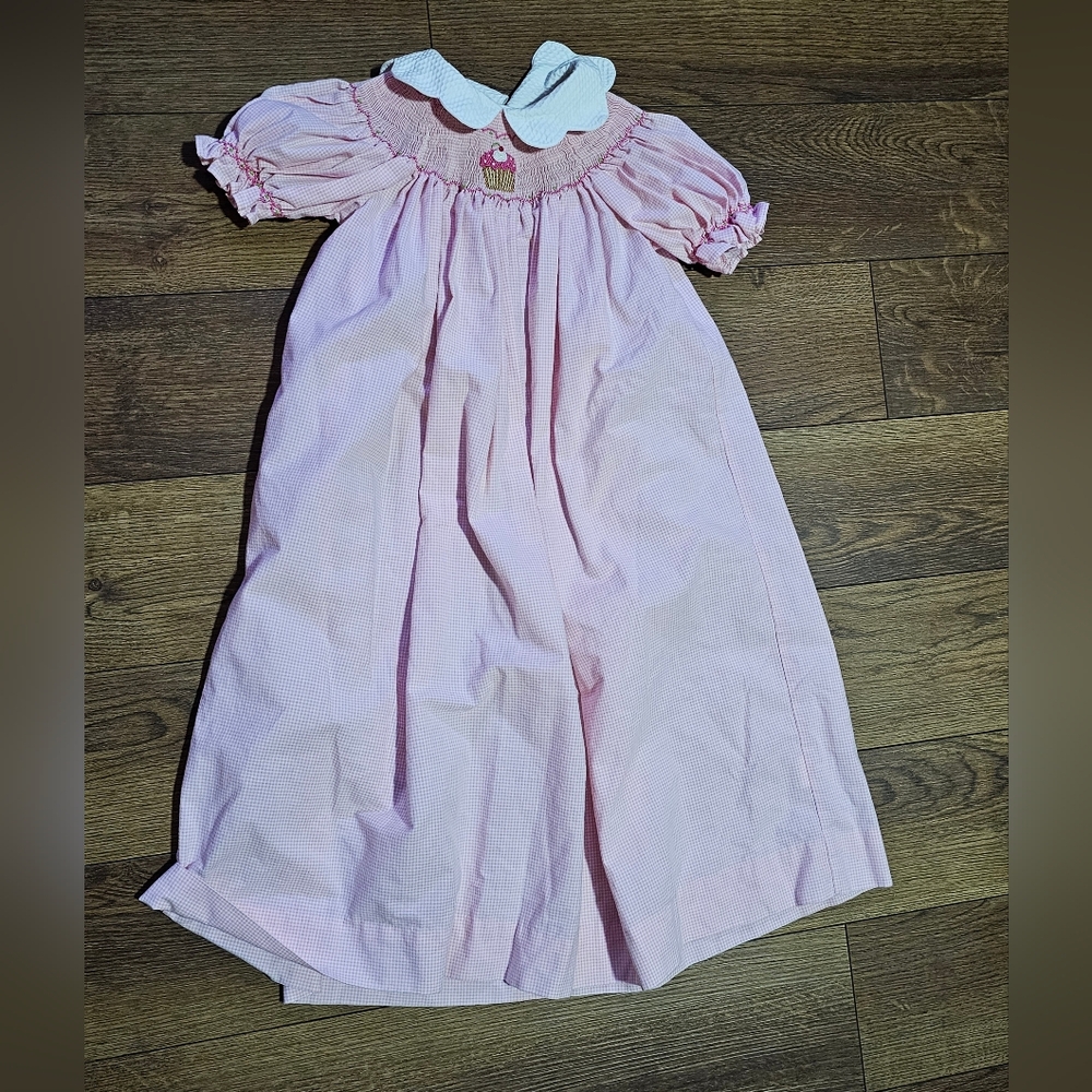 Hand Smocked Pink Gingham Cupcake Maxi Puff Sleeve Scallop Collar Sz 6 Dress Htf